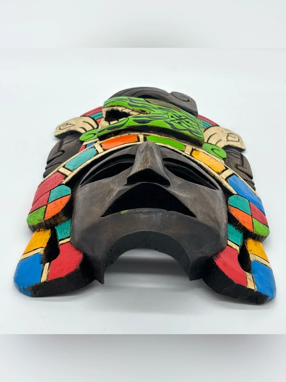 Hand Carved Wooden Mexican Mayan Face Mask Painted 3D Folk Art Wall Hanging Deco